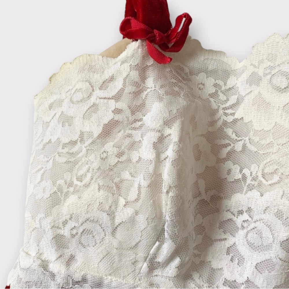 Vintage 70s Red Velvet & White Lace Formal/Party Maxi Dress - Picture 4 of 10